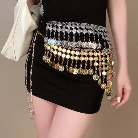 Ethische Retro Porträt Quaste Taillenkette Frauen Exotische Mehrschichtige Münze Anhänger Körperschmuck Metall Gürtel Zubehör