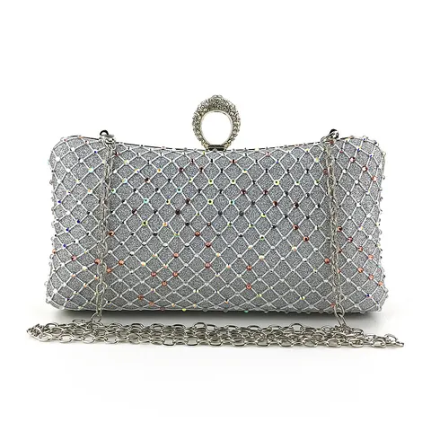Luxus Damen Strass Abendtasche Kunstleder Gitter Ring Griff Clutch Handtasche Für Bankett Party Hochzeit Elegantes Geschenk
