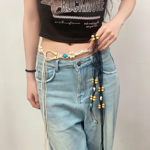 Böhmische Gewebte Hanfseil Taillenkette Muschel Holzperlen Quaste Ethnischer Gürtel Damen Mode Kleid Zubehör