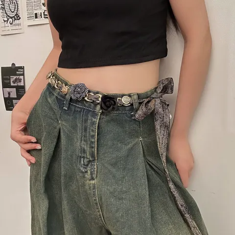 Koreanischer Stil Kamelie Blume Stoff Gewebte Taillenkette Damen Süß Cool Mode Metallkette Gürtel Kleid Accessoires