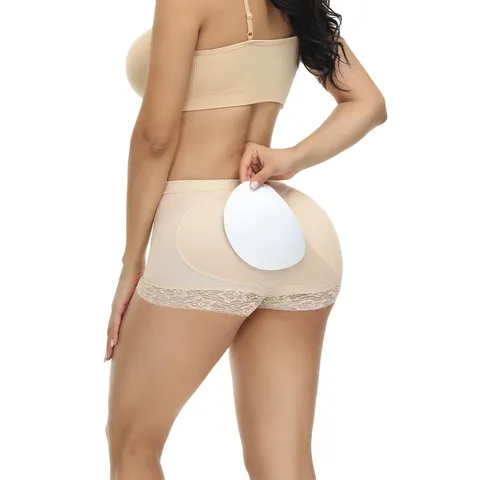 Women's High Waist Padded Shapewear Briefs Seamless Tummy Control Hip Enhancer Boxer Briefs Lace Trim Underwear