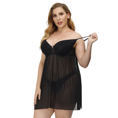 Damen Sexy Lingerie Spitzen Transparente Mesh Cami Kleid Übergröße Nachthemd V Ausschnitt Nachtwäsche Unterwäsche Schwarz