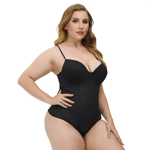 Mujer Talla Grande Sexy Transparente Rayado Bodysuit Lingerie Conjunto Espalda Descubierta con Aro Seductor Top And Bottom