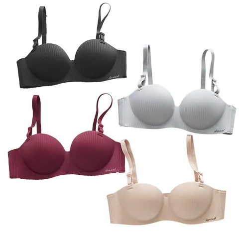 Women Seamless Ribbed Wireless Push Up Bra Comfortable Stretchy Padded Lingerie Sexy Striped Everyday Underwear Bra