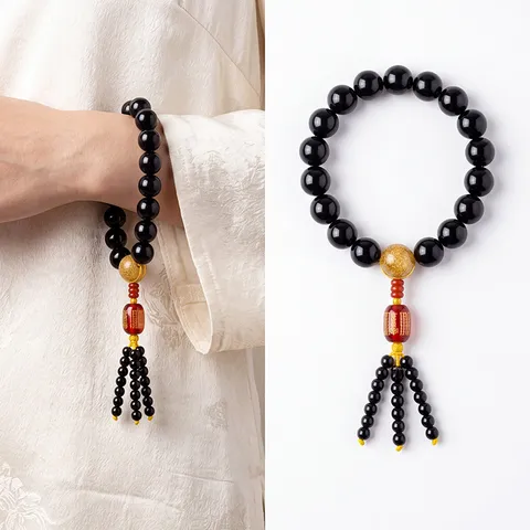 Natürlicher Kristall Achat Obsidian Holz Auto Schalthebel Hängeornament Quaste Chinesisch Retro Segen Gebetsperlen Armband