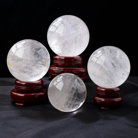 Natural White Crystal Ball Ornament With Wooden Base Transparent Ice Crackle Sphere Feng Shui Desk Decor Tabletop Sculpture