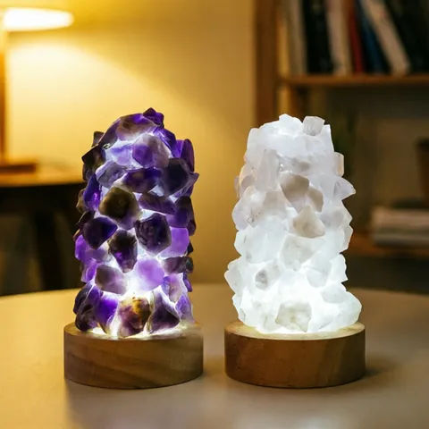 Luce Notturna in Ghiaia di Cristallo Naturale Spina USB Lampada da Comodino Ambient Fatta a Mano Decorazione per la Casa