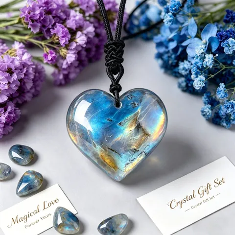 Natural Crystal Labradorite Heart Pendant Necklace Irregular Stone Bracelet Gift Box Set For Women Modern Minimalist Jewelry Set