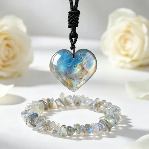 Natural Crystal Labradorite Heart Pendant Necklace Irregular Stone Bracelet Gift Box Set For Women Modern Minimalist Jewelry Set
