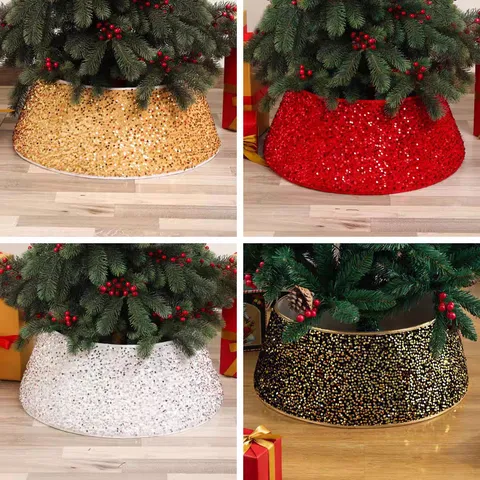 Modern Sequin Christmas Tree Collar Foldable Rhinestone Tree Skirt Stand Base Basket Cover Festive Scene Props For Xmas Tree Foot Decoration