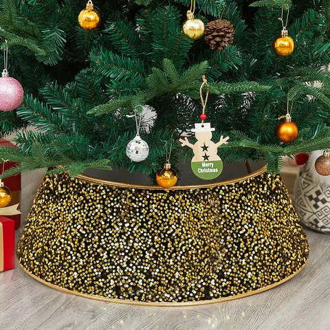 Collier d'Arbre de Noël Paillettes Scintillantes Géométrique Hexagonal Couverture de Base d'Arbre Ornement pour Fête de Vacances Décoration de la Maison