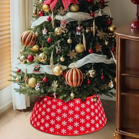 Gonna per Albero di Natale Ricamato Fiocco di Neve Paillettes Peluche Tessuto Base Copertura Tappetino Vacanza Casa Festa Decorazione