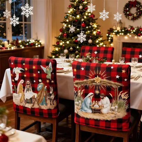 Christmas Chair Cover Euro-American Style Plaid Pattern Paper Chair Protector For Festive Dining Party Decor
