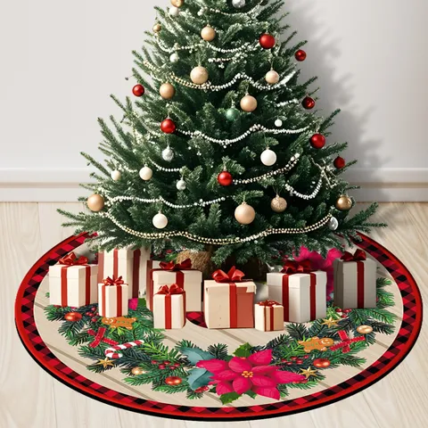Jupe de Sapin de Noël Ronde Dessin Animé Imprimé Carreaux Buffalo Tissu Tapis de Base de Sapin Fête Maison Décoration Ornements Cadeau