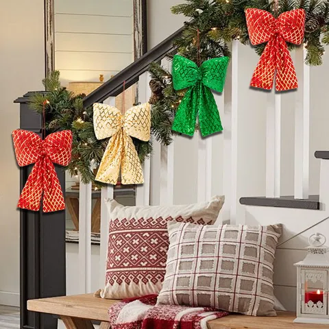 Noël Paillettes Plaid Nœud Papillon Ornement Suspendu Scintillant Nœud Pour Arbre De Noël Fête Décoration Festive Artisanat Décoration Maison Cadeau