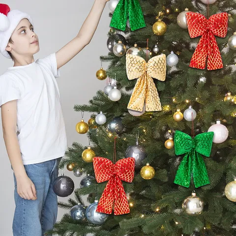 Noël Paillettes Plaid Nœud Papillon Ornement Suspendu Scintillant Nœud Pour Arbre De Noël Fête Décoration Festive Artisanat Décoration Maison Cadeau