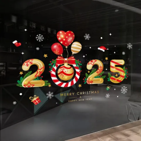Autocollants Statiques de Fenêtre de Noël Dessin Animé PVC Père Noël Bonhomme de Neige Sapin Vitrophanies pour Décoration Maison Magasin Festif