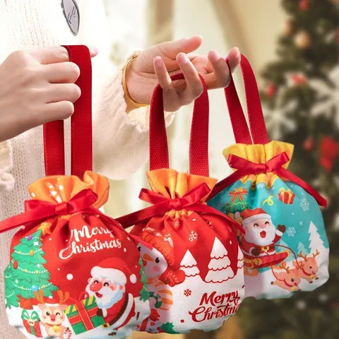 Weihnachts Geschenktüte Kordelzug Süßigkeitentasche Weihnachtsmann Schneemann Samtstoff Apfel Verpackung Beutel Kinder Party Deko