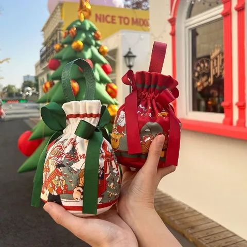 Weihnachten Kordelzug Geschenkbeutel Samtstoff Weihnachtsmann Schneemann Druck Apfel Süßigkeiten Beutel Heiligabend Party Zubehör