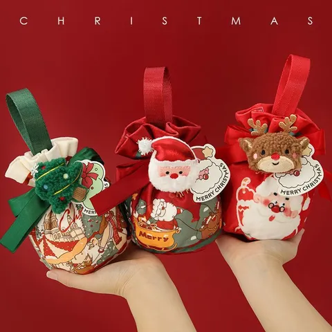 Weihnachten Kordelzug Geschenkbeutel Samtstoff Weihnachtsmann Schneemann Druck Apfel Süßigkeiten Beutel Heiligabend Party Zubehör