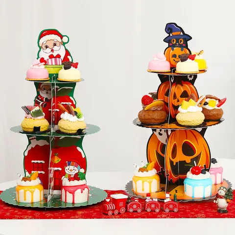 Festlicher Gestufter Papier Cupcake Ständer Weihnachten Halloween Desserttisch Deko Party Atmosphäre Layout Dekoration Geist Weihnachtsmann Rentier Muster