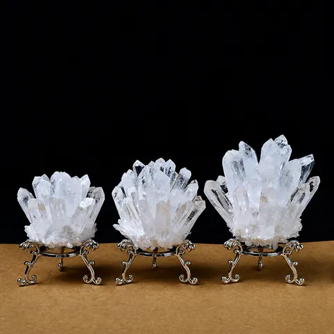 Natural White Crystal Cluster Ornaments with Metal Base Healing Mineral Stone Decor for Office Home Living Room