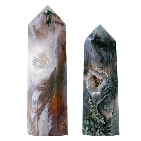 Punta di Cristallo in Agata Muschiata Naturale Prisma Esagonale Pietra Curativa Lucidata Ornamento Torre Geode Per Arredamento Casa Ufficio