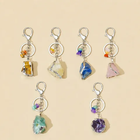 Natuurlijke Kristal Ruwe Steen Sleutelhanger Zilveren Rand Onregelmatige Kristal Hanger Tasbedel Voor Vrouwen Cadeau