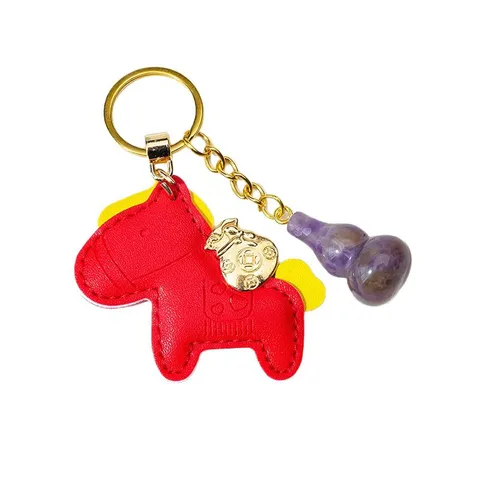 Creative Leather Horse Keychain with Natural Crystal Gourd Charm Luxury Bag Pendant Lucky Amulet Keychain for Car Keys Backpack Charm