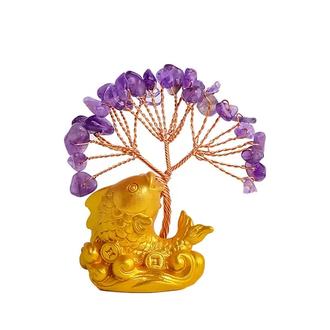 New Chinese Crystal Chips Money Tree Ornament Resin Gold Koi Fish Base Handmade Copper Wire Feng Shui Tree Desk Decor Accent Home Decor