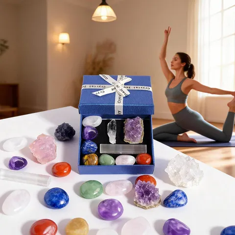 Ensemble de Pierres de Cristal Naturel Sept Chakra Améthyste Agate Géode pour Méditation Guérison Reiki Maison Coffret Cadeau