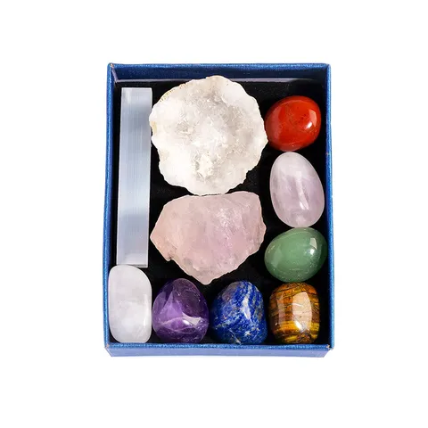 Ensemble de Pierres de Cristal Naturel Sept Chakra Améthyste Agate Géode pour Méditation Guérison Reiki Maison Coffret Cadeau