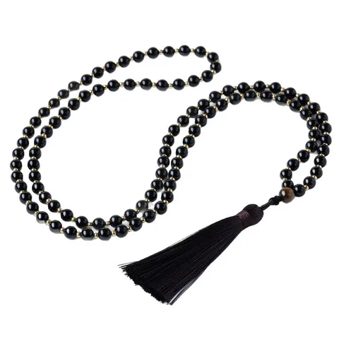 Collar de Cuentas Redondas de Obsidiana Natural Cuentas Mala Ojo de Tigre Borla Cadena de Suéter Pulsera Multicapa Joyería de Meditación para Mujeres Hombres