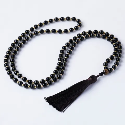 Collar de Cuentas Redondas de Obsidiana Natural Cuentas Mala Ojo de Tigre Borla Cadena de Suéter Pulsera Multicapa Joyería de Meditación para Mujeres Hombres