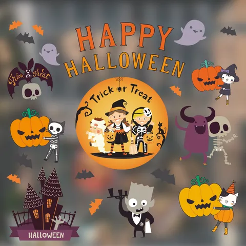 Halloween Statische Fensteraufkleber PVC Aufkleber Kürbis Geist Schloss Fledermaus Dekore Für Glastür Fenster Shop Party Dekoration