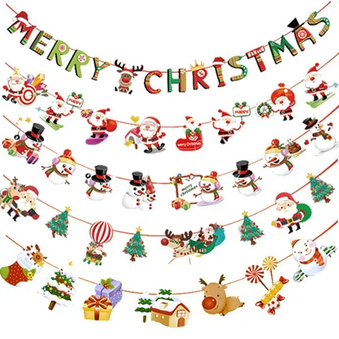Weihnachten Cartoon Banner Papier Girlande Für Xmas Party Dekoration Merry Christmas Weihnachtsmann Rentier Schneemann Banner
