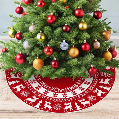 Weihnachten Gestrickte Baumdecke Schneeflocke Elch Muster Rund Weihnachtsbaum Basis Abdeckung Feiertag Dekorationen Rotes Weißes