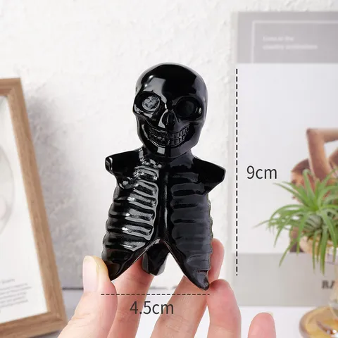 Black Obsidian Skeleton Figurine Halloween Decor Crystal Gemstone Carving Gothic Skull Skeleton Ornament For Home Office Festival Party