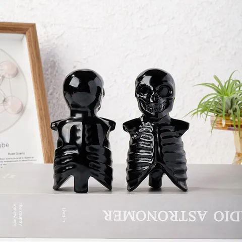 Black Obsidian Skeleton Figurine Halloween Decor Crystal Gemstone Carving Gothic Skull Skeleton Ornament For Home Office Festival Party