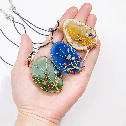 Natürliche Achatscheibe Lebensbaum Anhänger Halskette Handumwickelt Draht Unregelmäßiger Stein Anhänger Für Damen Herren Heilkristall Geschenk Schmuck