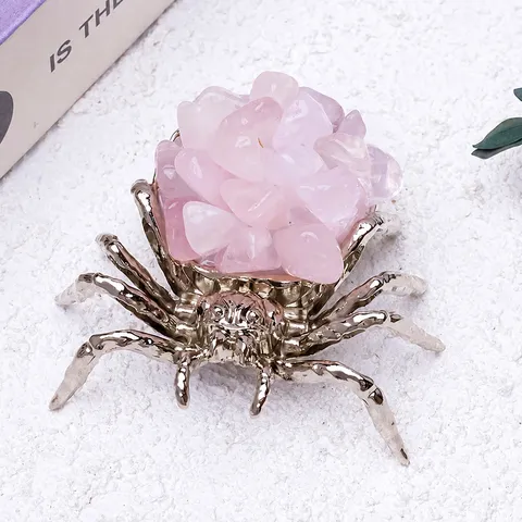 Natural Crystal Gravel Spider Ornament Metal Alloy Spider Halloween Props Desktop Decoration Amethyst Rose Quartz Agate Stone Crafts