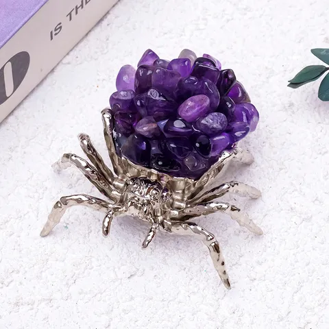Natural Crystal Gravel Spider Ornament Metal Alloy Spider Halloween Props Desktop Decoration Amethyst Rose Quartz Agate Stone Crafts