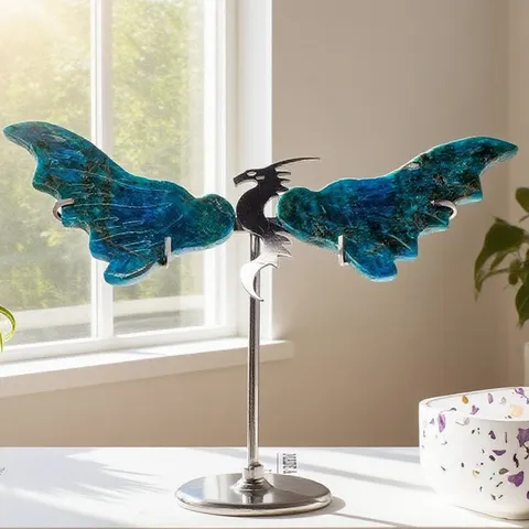 Natürlicher Kristall Drachenflügel Ornament Mit Metallständer Heilsteine Cluster Geode Mineralienprobe Einweihungsgeschenk Dekor