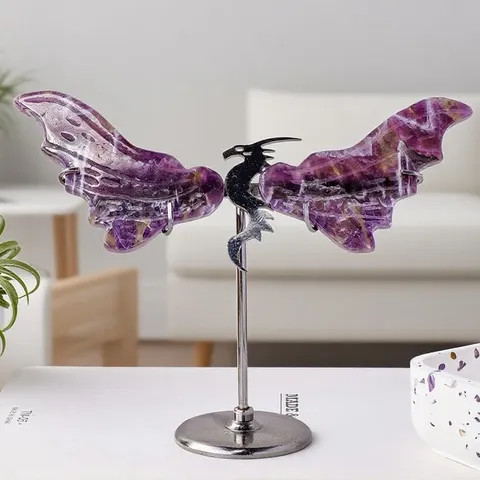 Natürlicher Kristall Drachenflügel Ornament Mit Metallständer Heilsteine Cluster Geode Mineralienprobe Einweihungsgeschenk Dekor