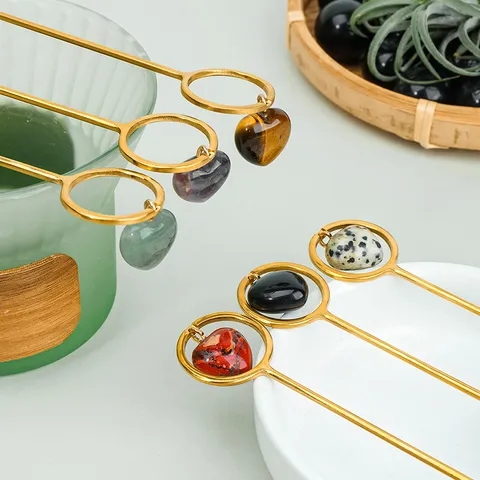 Natural Crystal Heart Shaped Gold Plated Alloy Spoon Dessert Ice Cream Coffee Stirrer Elegant Crystal Gemstone Spoon Home Tableware