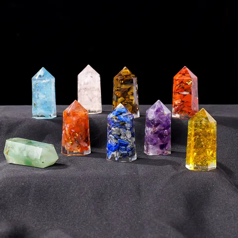 Natural Quartz Crystal Crushed Stone Resin Pillar Ornament Hexagonal Point Energy Tower Figurine For Meditation Yoga Decor