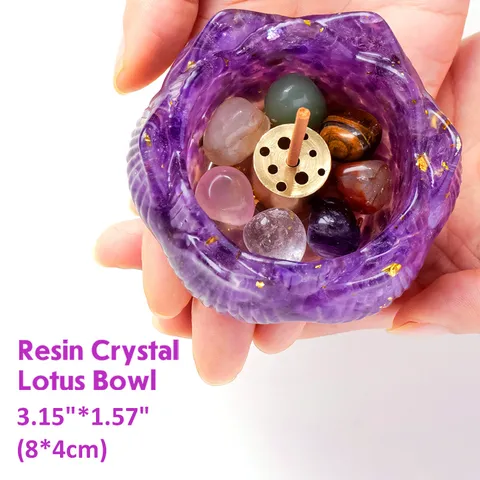 Juego de Quemador de Incienso con Cuenco de Loto de Cristal de Amatista Natural para Meditación Yoga Piedras Curativas Base de Loto de Resina con Varillas de Sándalo Bolsa de Terciopelo
