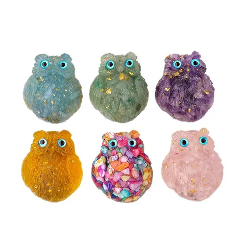 Natural Crystal Chips Resin Epoxy Owl Fridge Magnet Healing Stones Lucky Turtle Desktop Ornaments Magnetic Home Decor Gift