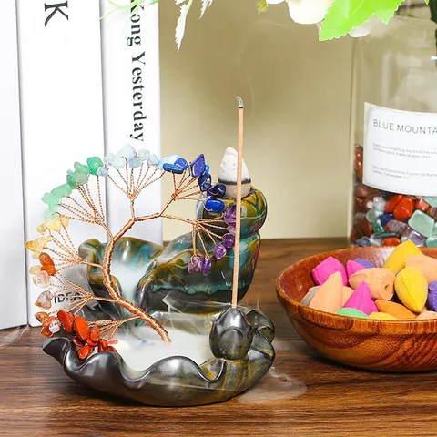 Handmade Crystal Fortune Tree Of Life Backflow Incense Burner Ceramic Lotus Base Gemstone Chips Zen Home Office Decor
