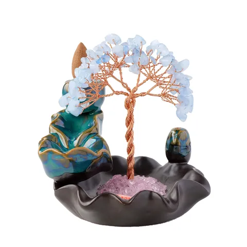 Handmade Crystal Fortune Tree Of Life Backflow Incense Burner Ceramic Lotus Base Gemstone Chips Zen Home Office Decor